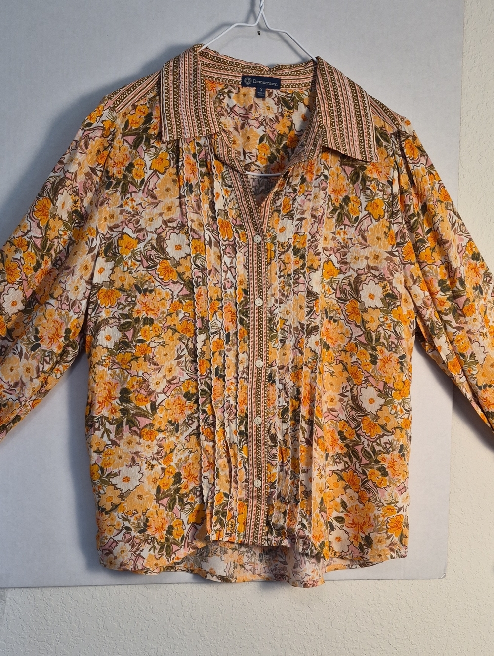 Democracy Yellow & Green Floral Pintuck Button-Up Blouse
